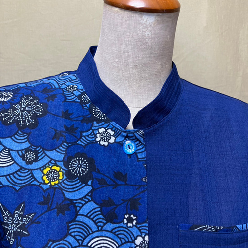 ネイビーマオカラー かりゆしウェア レディースL（沖縄、琉球、紅型柄