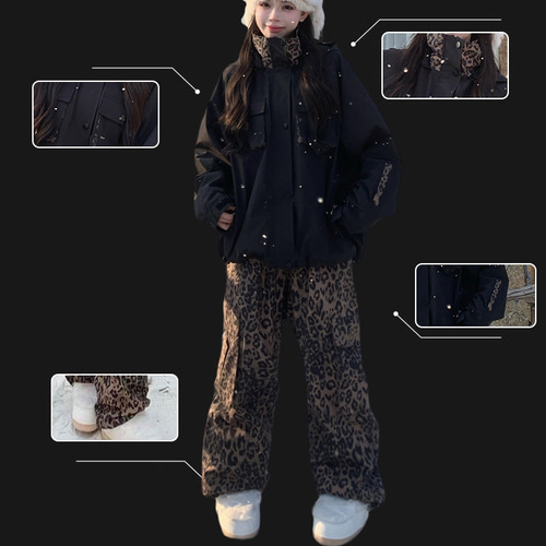 25-26限定 スノボウェア 上下セット ヒョウ柄 黒 撥水 3L メンズ