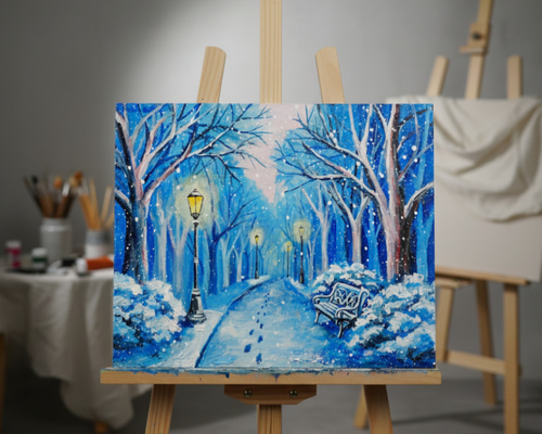 油絵 原画 雪景色 冬景色 幻想的 青 絵画 F3「雪降る幻想」 絵画 HR