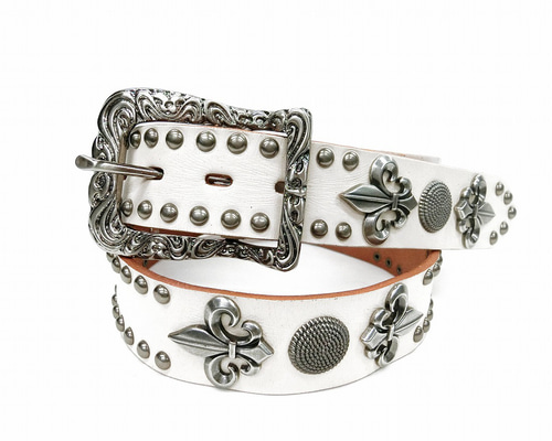 メンズ ベルト 本革レザースタッズ 白 ハード系 ユリデザイン ロック系