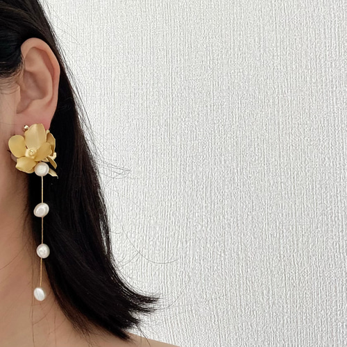 淡水パール ピアス イヤリング フラワー ゴールド メタル 大ぶりピアス