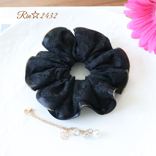 レース&シフォン】大人可愛いサテンリボン付きのシュシュ☆ブラック/黒