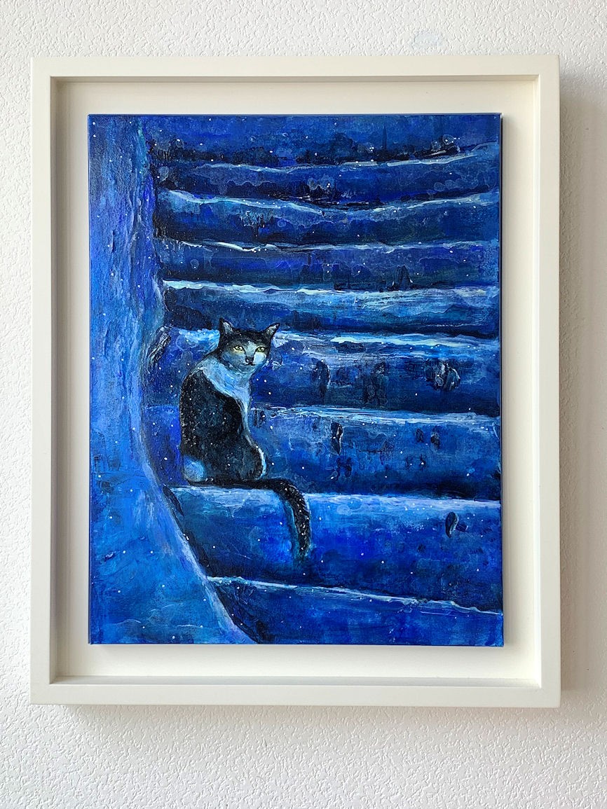 アクリル画の原画。「ブルーを基調にした猫の絵」F4サイズ41.0㎝×31.8