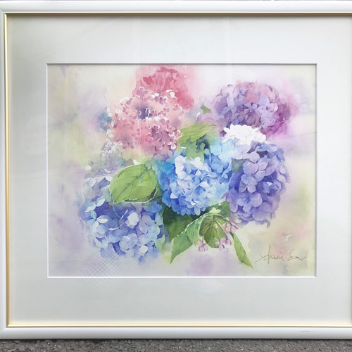 透明水彩画 紫陽花（あじさい）F10サイズ 額縁付 原画 新築・引越し