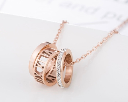 18Kピンクゴールド鍍金CZダイヤローマ数字3連リングネックレス