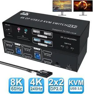 IHDAPP 4K@240Hz Displayport KVM Switch 2 Monitors 2 PCs, 8K@60Hz