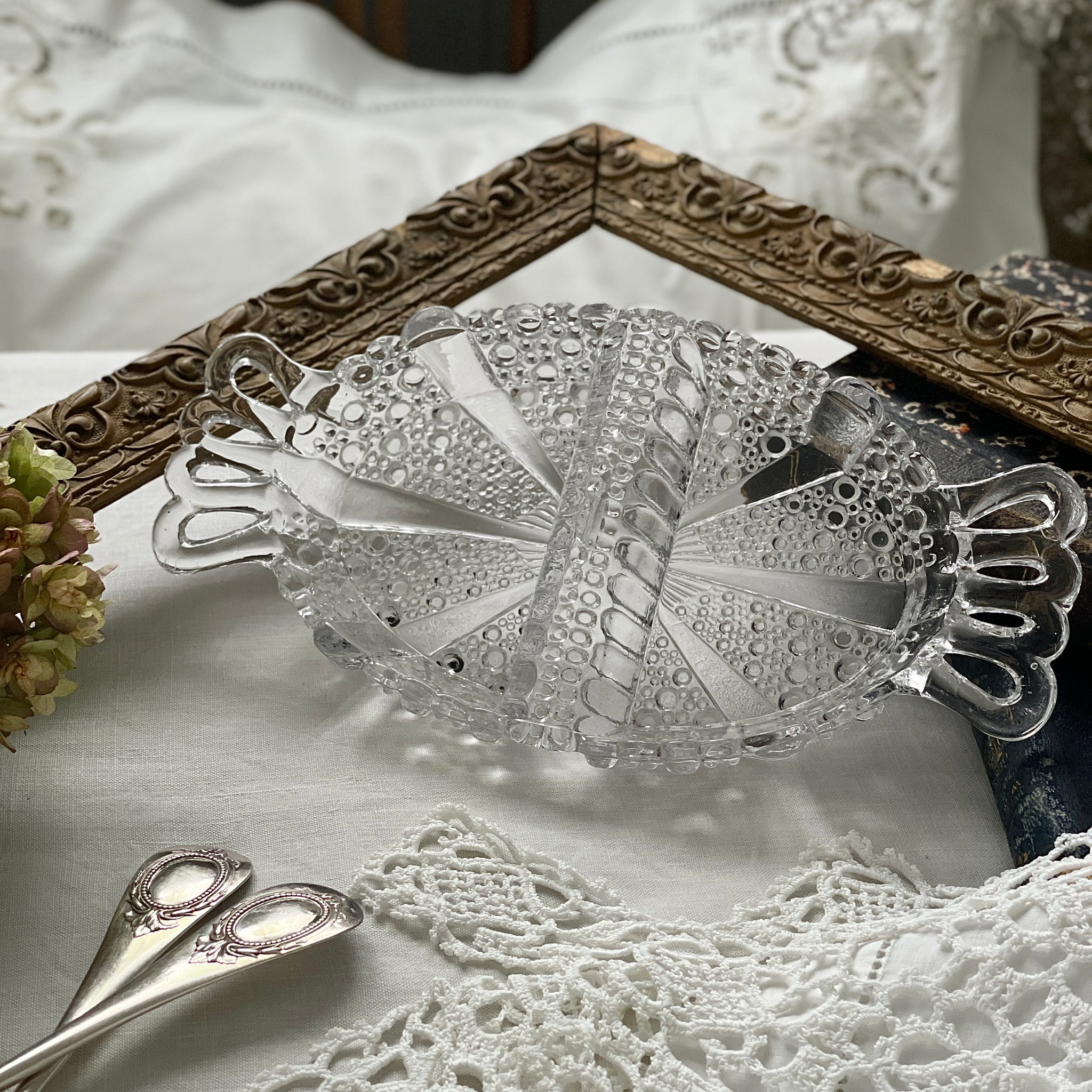 両手付きセパレートガラス皿（24.5x12.5cm） イギリスアンティーク