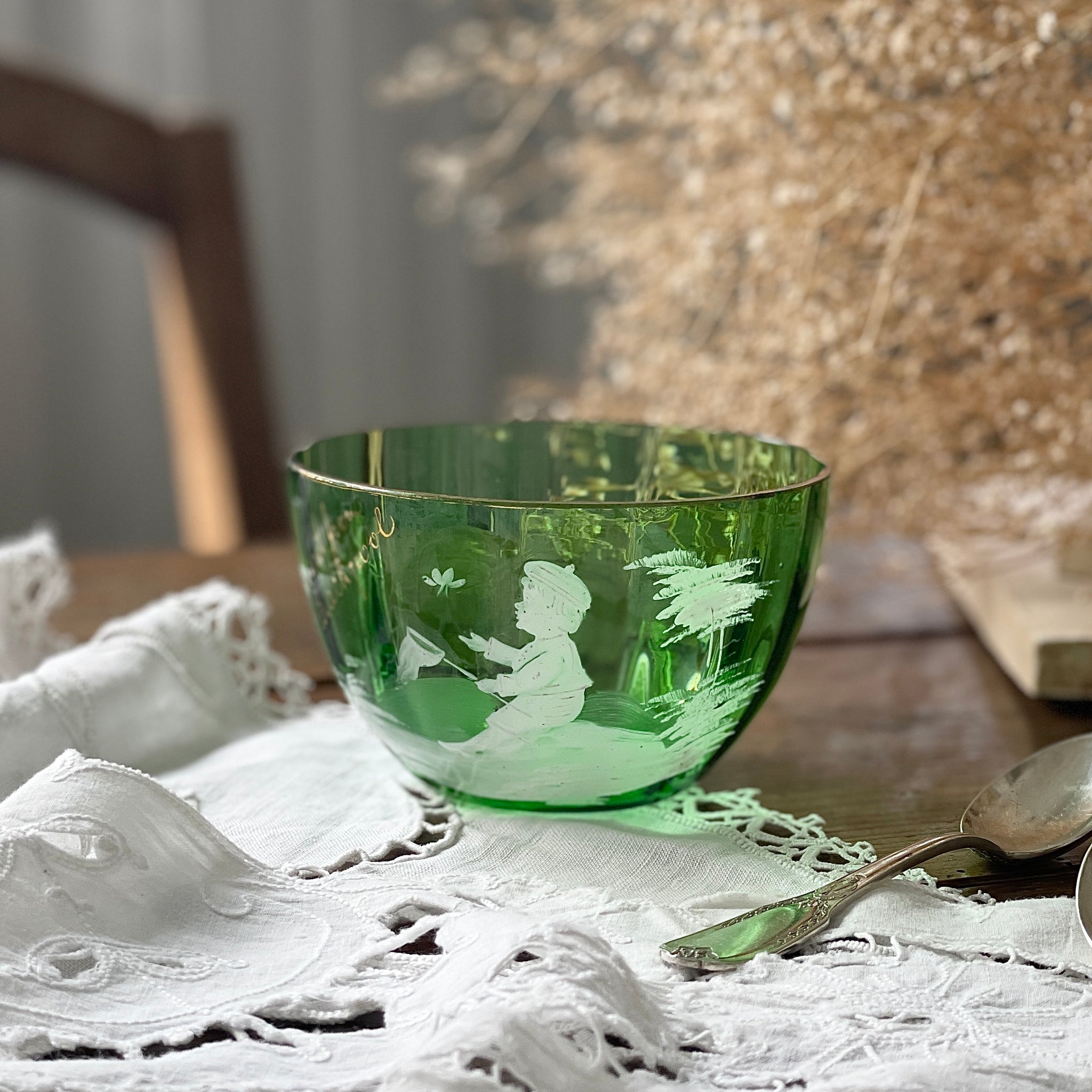 マリー・グレゴリーのグリーンガラスボウル（直径11cm） アンティーク