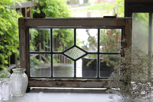 5枚あり！透明ガラスにダイヤ柄のステンドグラス イギリスアンティーク
