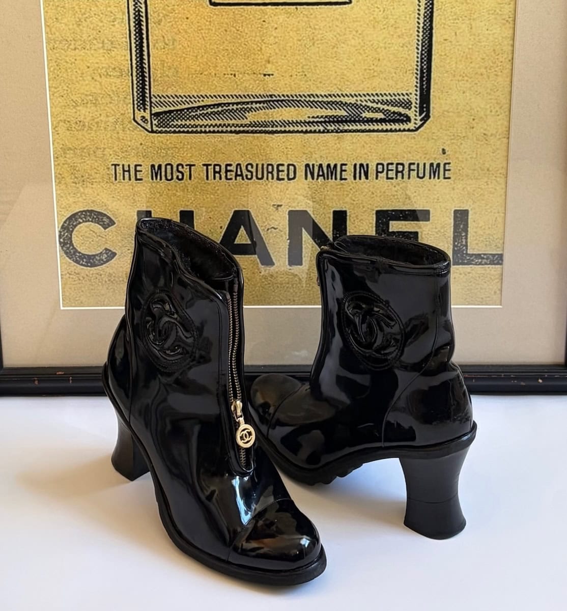 CHANEL Vintage Catwalk CC Logo Black Patent High Ankle Fur Boots