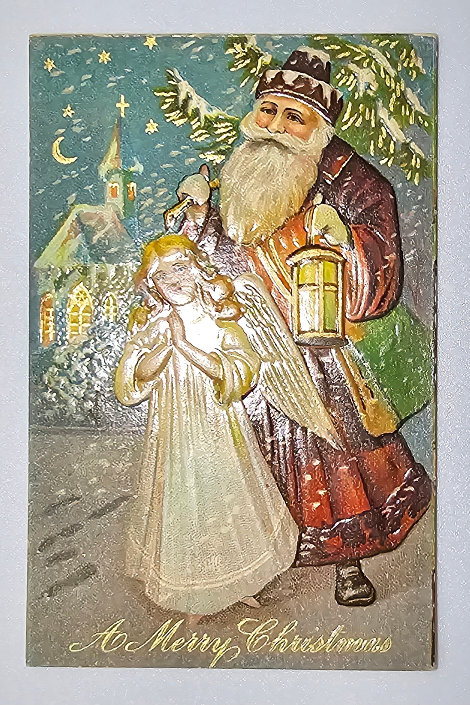 Christmas Postcard Santa Claus Old World St Nick Holding Lantern
