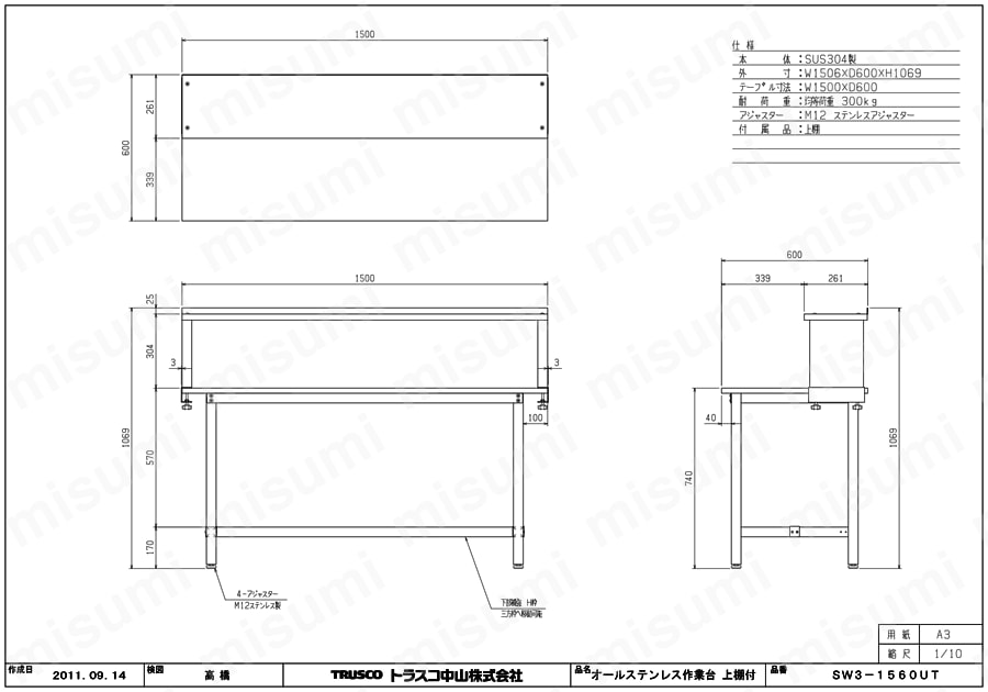 オールステンレス作業台（上棚付・SUS304） | トラスコ中山 | MISUMI