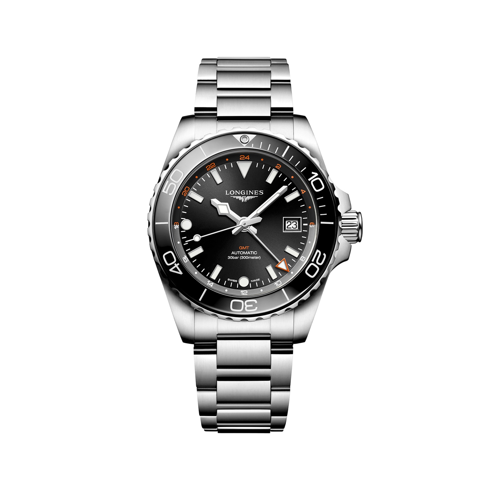 Longines HydroConquest GMT 41mm Mens Watch Black Stainless Steel