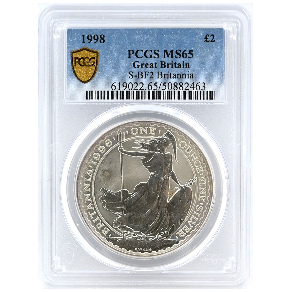 イギリス 1998 エリザベス 2ポンド 1オンス 銀貨 PCGS MS65 ブリタニア