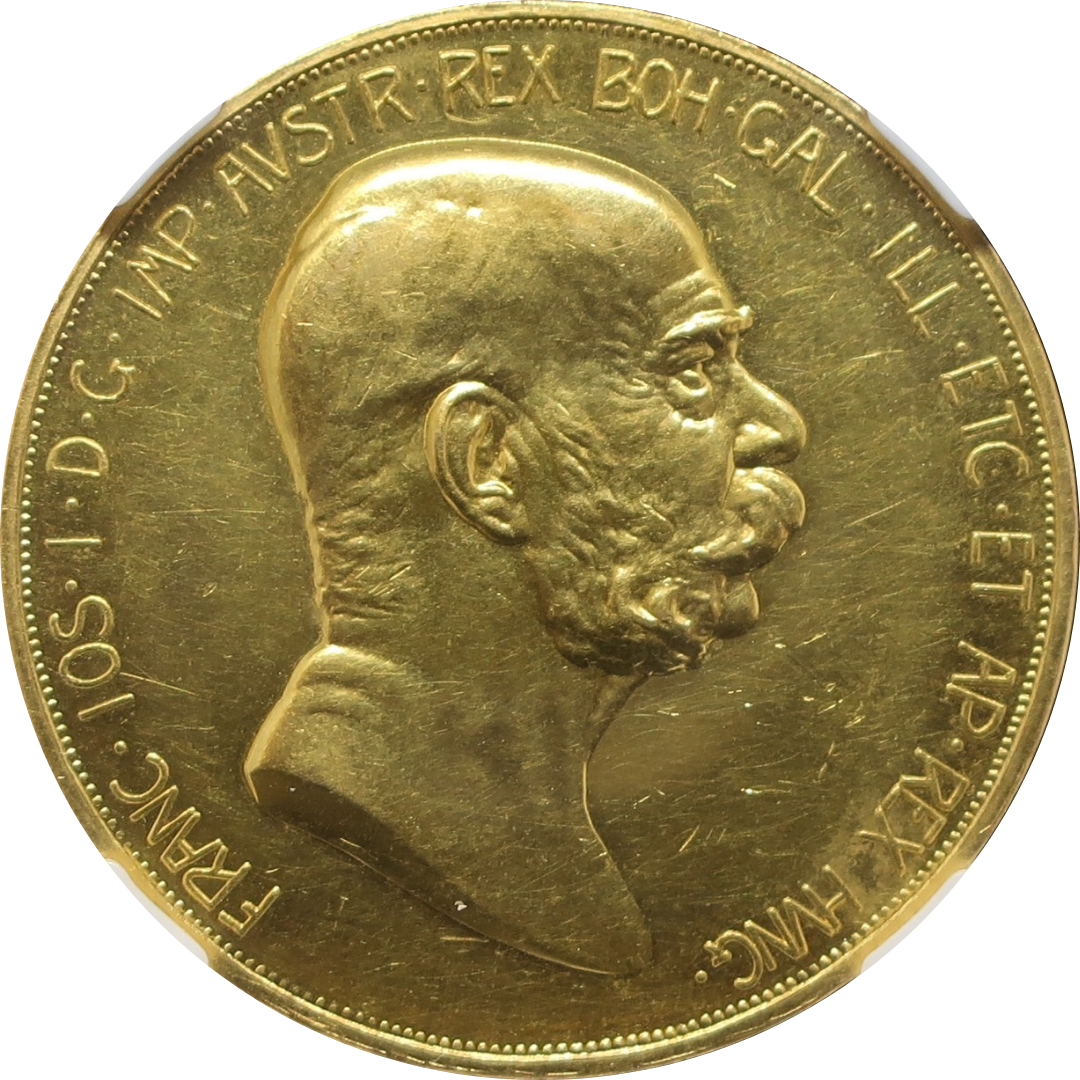60周年記念】1908 オーストリア 100コロナ金貨 雲上の女神 フランツ