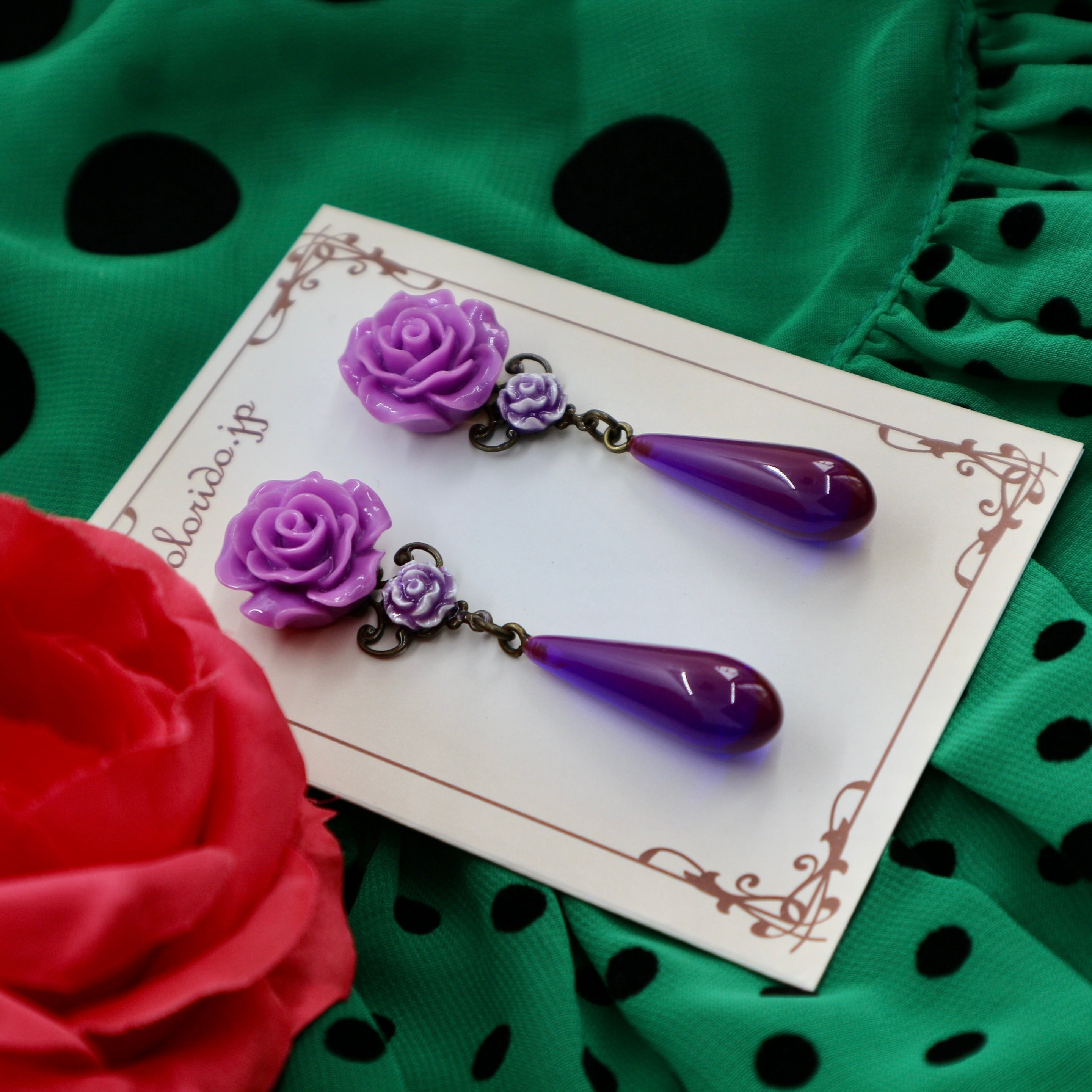 パープルの薔薇とロングドロップのフラメンコピアス(イヤリング変更可