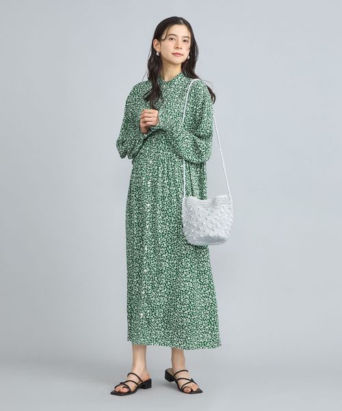 小花柄プリントフリルバンドカラーシャツワンピーズ