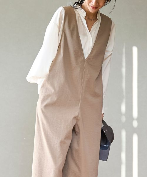 ポリツイル Vネック サロペット