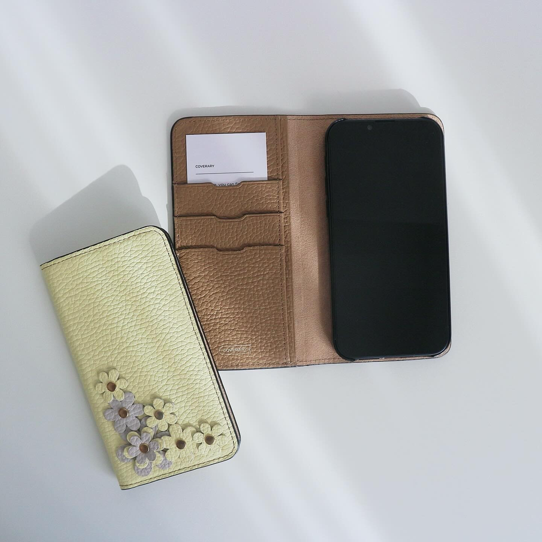 本革 32色 イタリアンシュリンクレザー フラワーモチーフB 手帳型