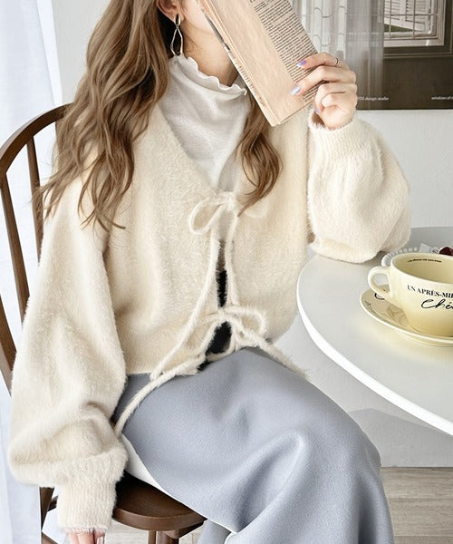 mily bilet】女性らしさ滲み出る。シャギーリボン前後2WAYカーディガン