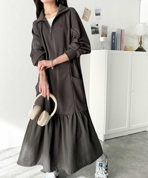 スポーツMIIX!胸元刺繍入り異素材ドッキングハーフジップパイピング