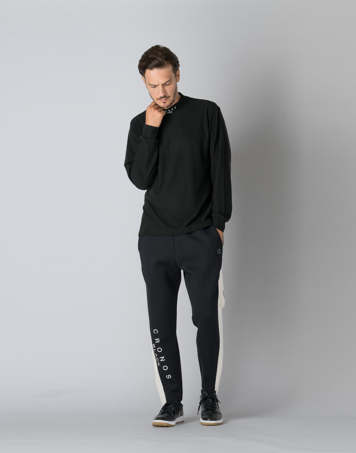 CRONOS BLACK MOCK NECK LONG SLEEVE T-SHIRT【BLACK】