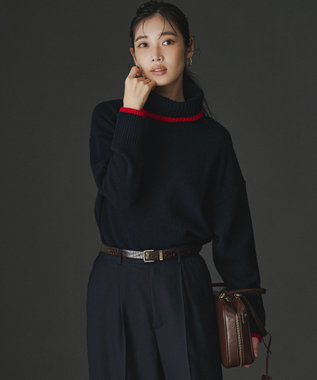 FUDGE掲載/洗える】ウールカシミヤ コンビカラー オフタートル ニット