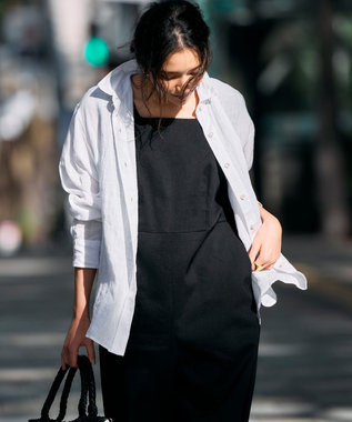 洗える】リネンレーヨンストレッチ スクエアネック オールインワン