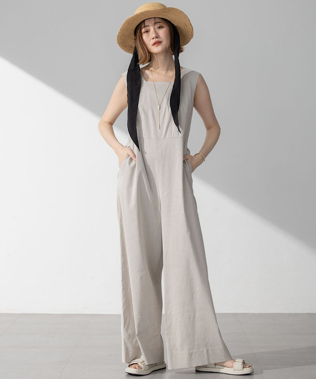 洗える】リネンレーヨンストレッチ スクエアネック オールインワン