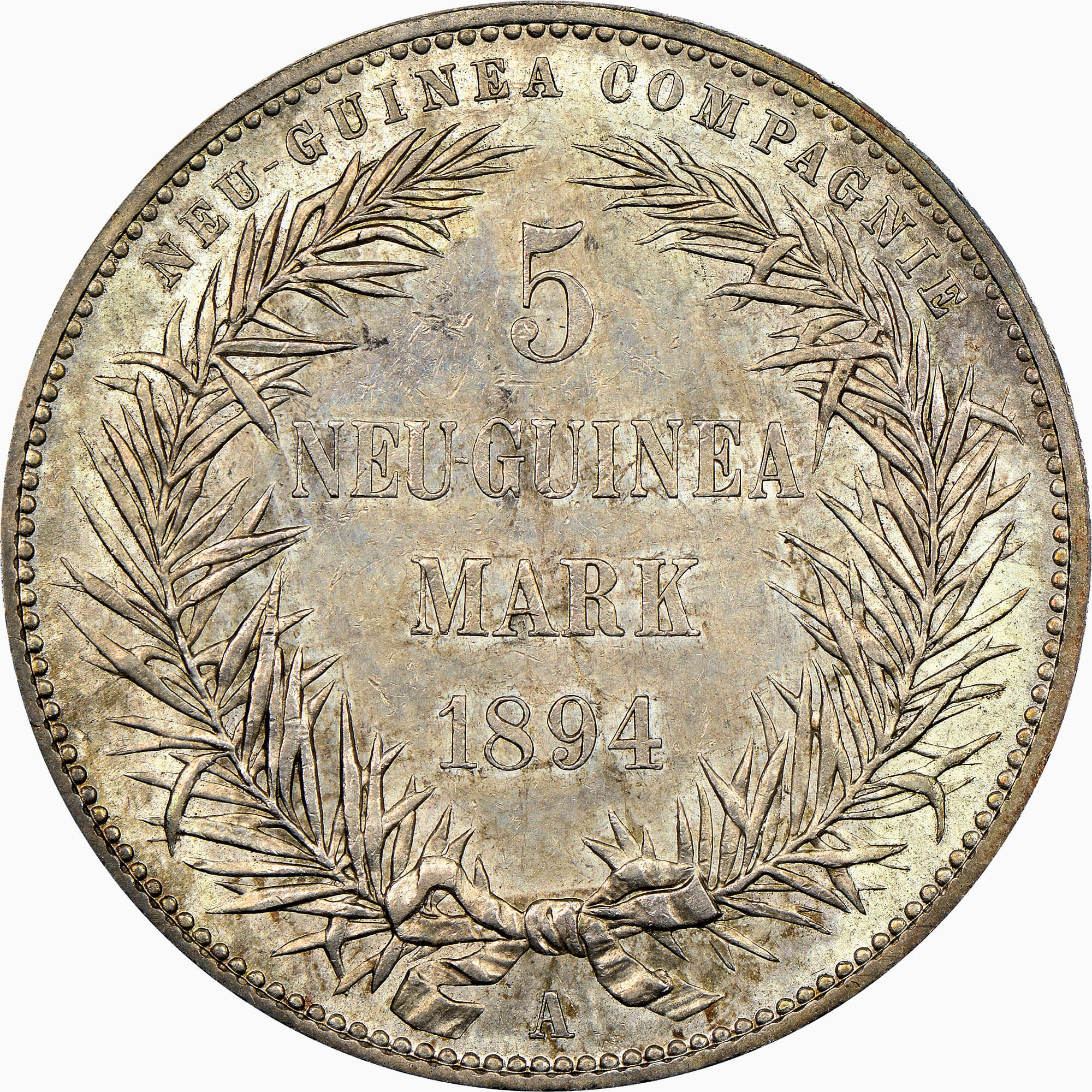 ドイツ領ニューギニア 5マルク銀貨 1894(A) 極楽鳥 KM-7 NGC MS62+