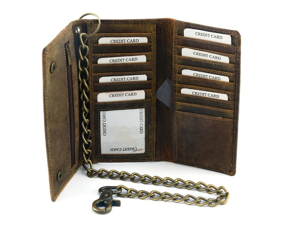 Distressed Brown Leather Long Bi-Fold Biker Wallet