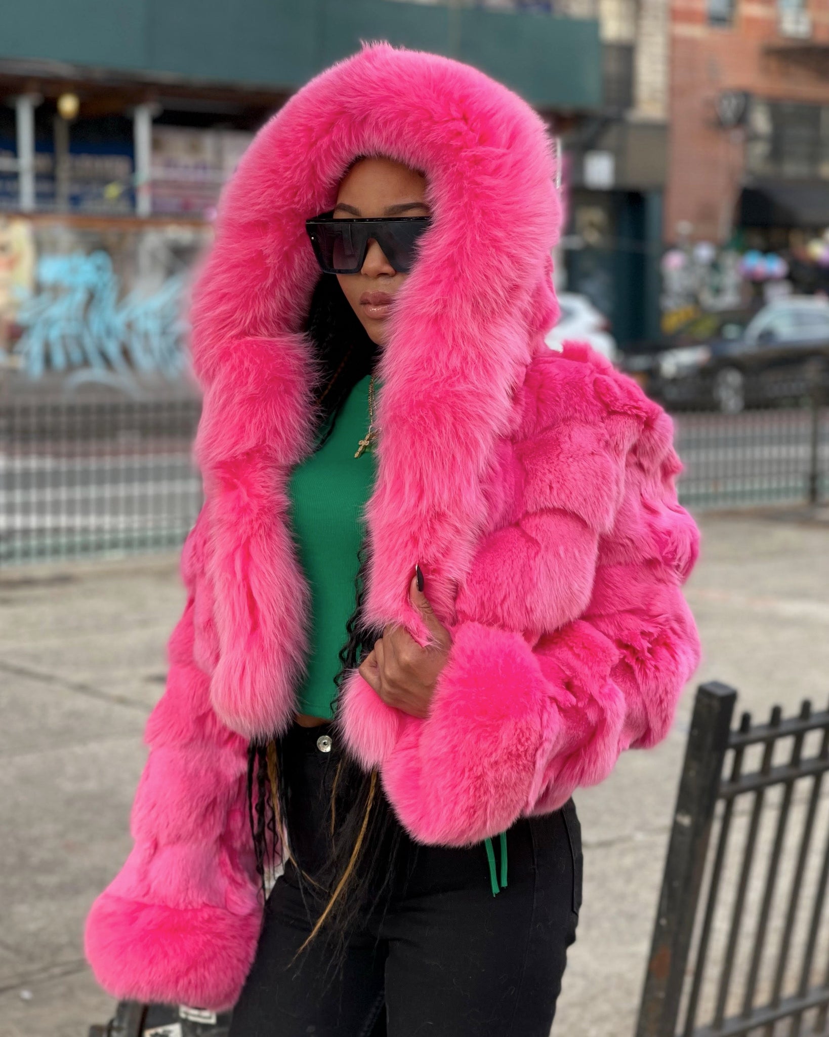 WOMEN - HOT PINK FOX BOMBER WITH HOOD – DaRucci Leather
