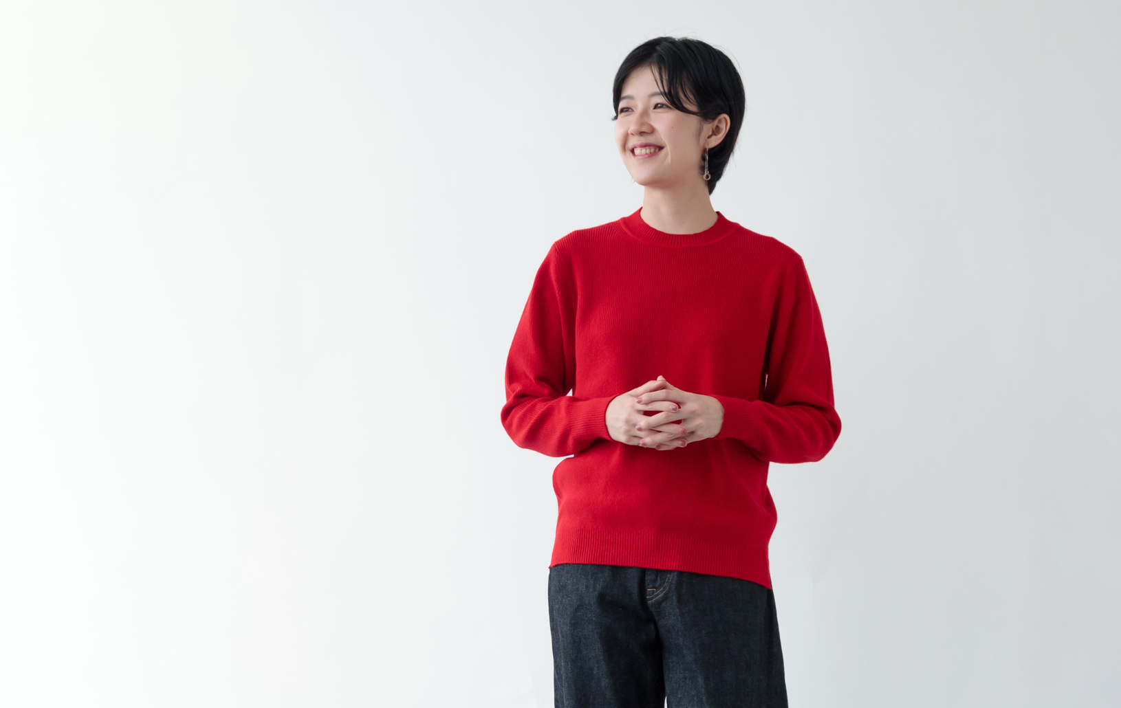 カシミヤミックス畦編みクルーネック/ピュアレッド | Factelier