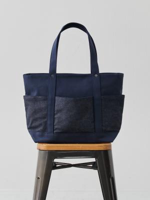 帆布×デニムの6ポケット2wayトート/ネイビー×インディゴ | Factelier