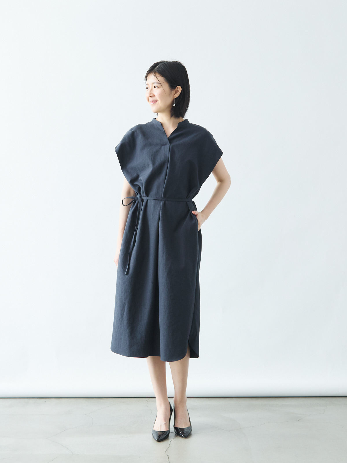 リネンライクワンピース/綿麻ブレンド/ウォッシャブル/ネイビー