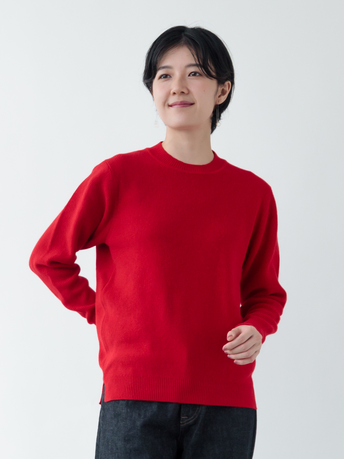 カシミヤミックス畦編みクルーネック/ピュアレッド | Factelier