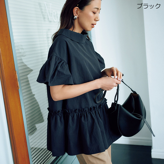 THREE SQUARE]2WAYタフタブラウスネイビー