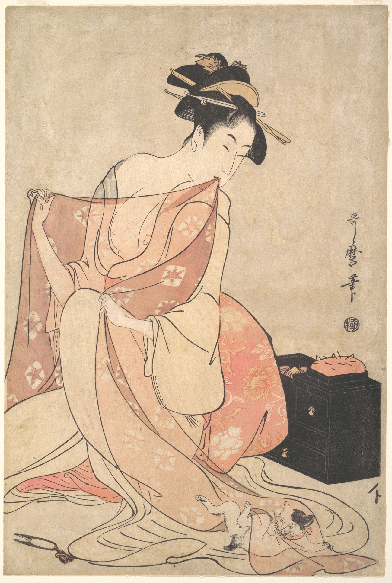 喜多川歌麿による浮世絵「A Woman and a Cat」