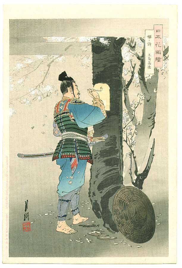 尾形月耕による浮世絵「Poem on Cherry Tree - Nihon Hana Zue」