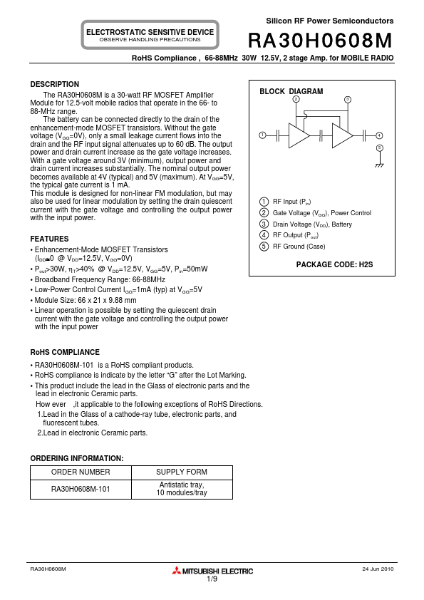 RA30H0608M Datasheet (30-watt RF MOSFET Amplifier Module
