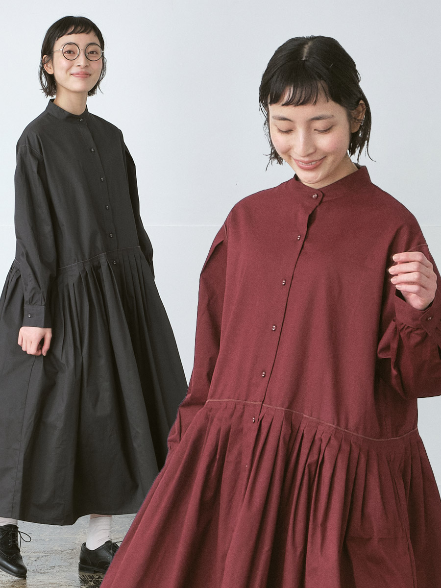 スタンドカラーフレアワンピース 綿ハイカウントチノ | OPナガソデ