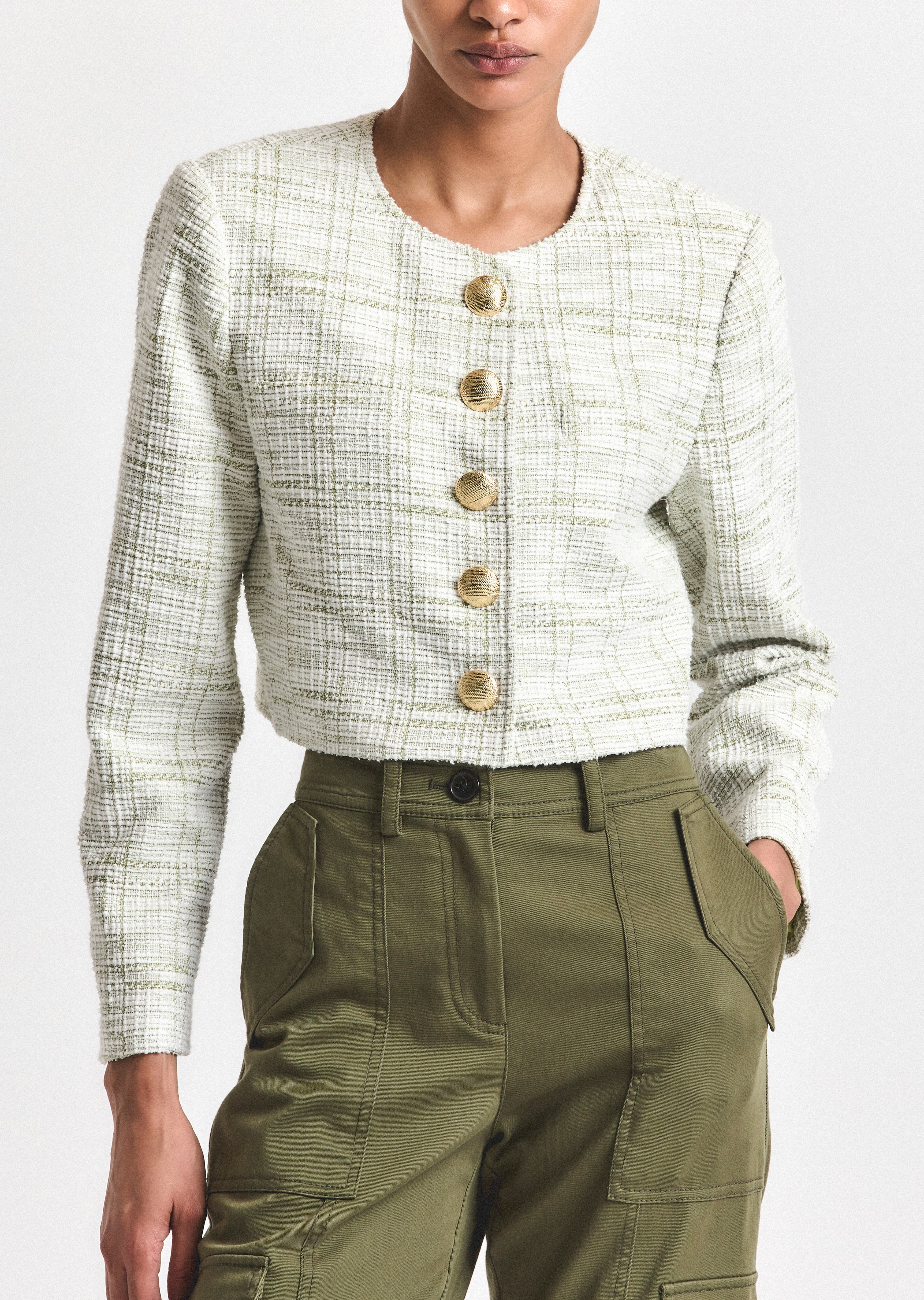 Juliette Tweed Jacket - Soft Sage-White – Derek Lam