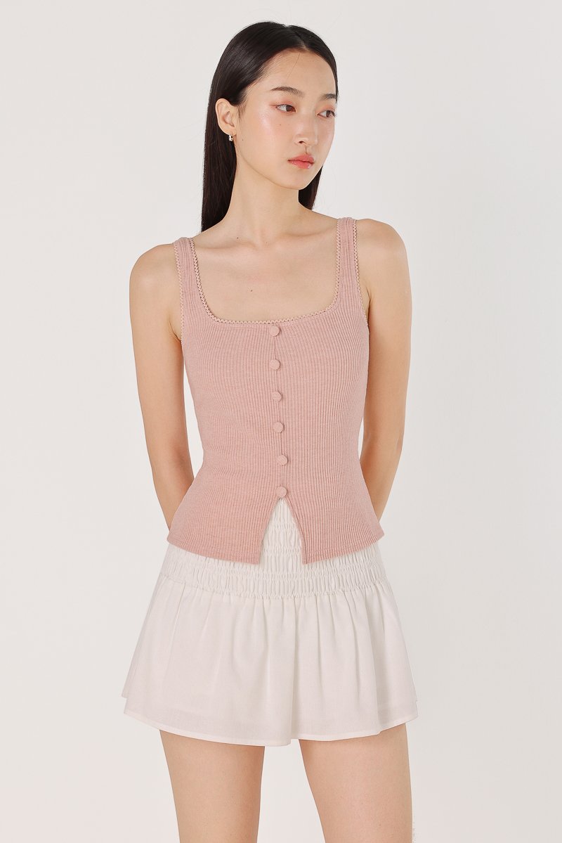 LEYNA EYELET TRIM SQUARE NECK RIBBED BUTTON TOP (PINK) | Lovet