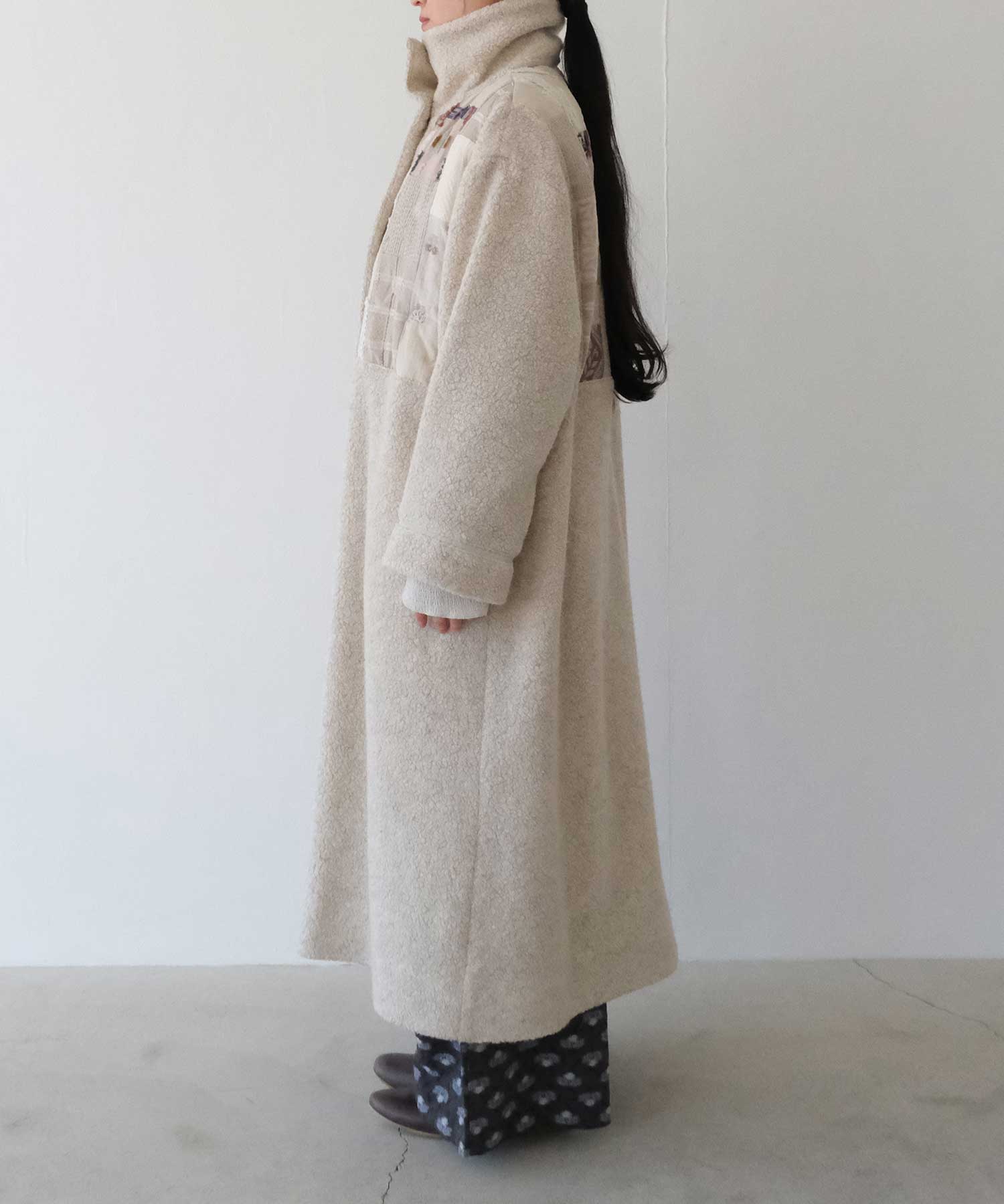 AMBIDEX Store ○パッチワーク × ウール ボア ロングコート(F ベージュ
