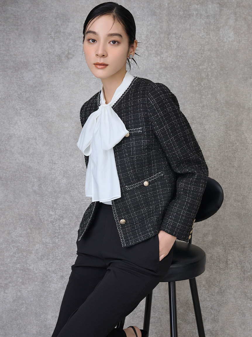 ミドル丈ノーカラーツイードジャケット(ジャケット・ブルゾン)｜OUTER