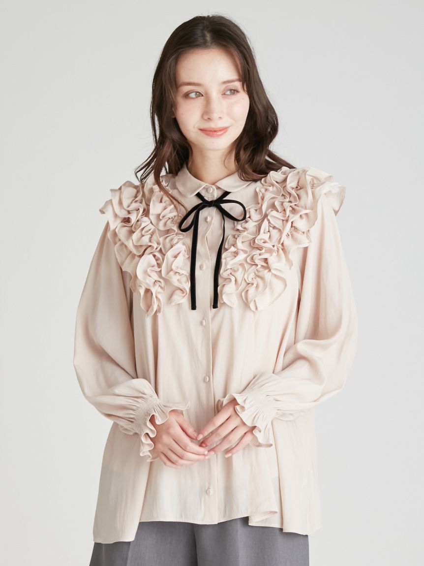 ウォッシャブル】フリルヨークシャツカラーブラウス(ブラウス・シャツ