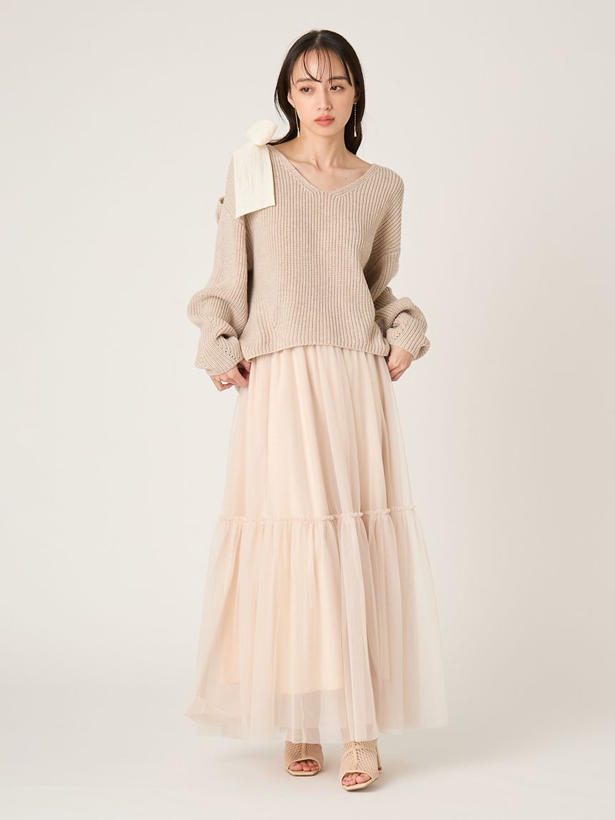 リボンニットプル＆チュールスカートセット(マキシ・ロングワンピース
