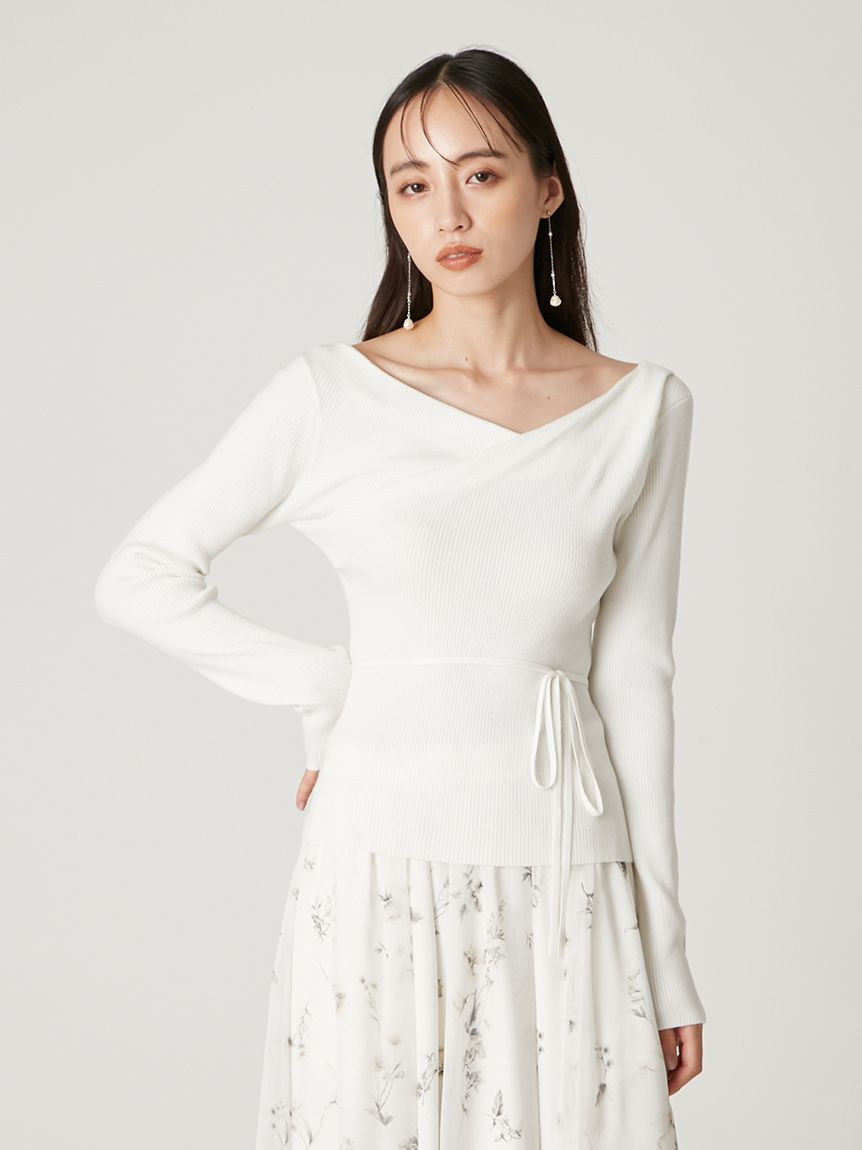 シルクブレンドアシメデコルテドレープリブニット(ニット)｜トップス