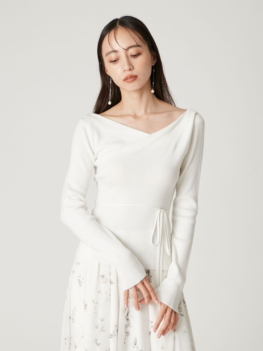 シルクブレンドアシメデコルテドレープリブニット(ニット)｜トップス