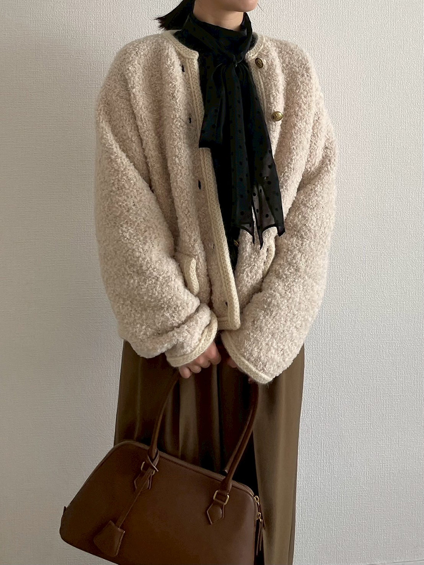 金釦テディラメニットジャケット(ノーカラージャケット)｜アウター